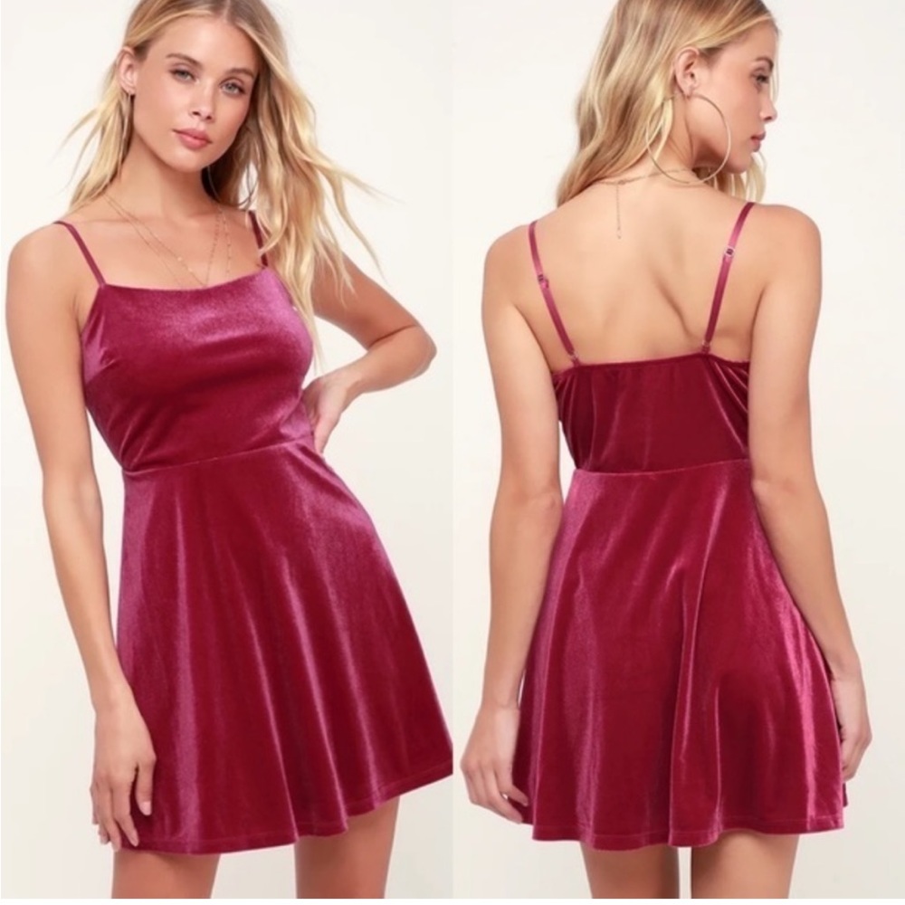 Lulus Came To Dance Velvet Skater Dress Small Magenta